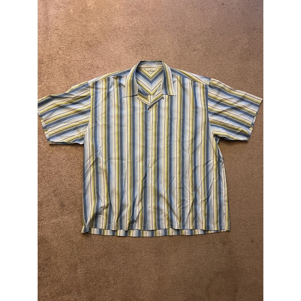 Tommy Bahama 100% Silk Shirt Mens 2XL Blue Yellow Stripe Camp Button Front
